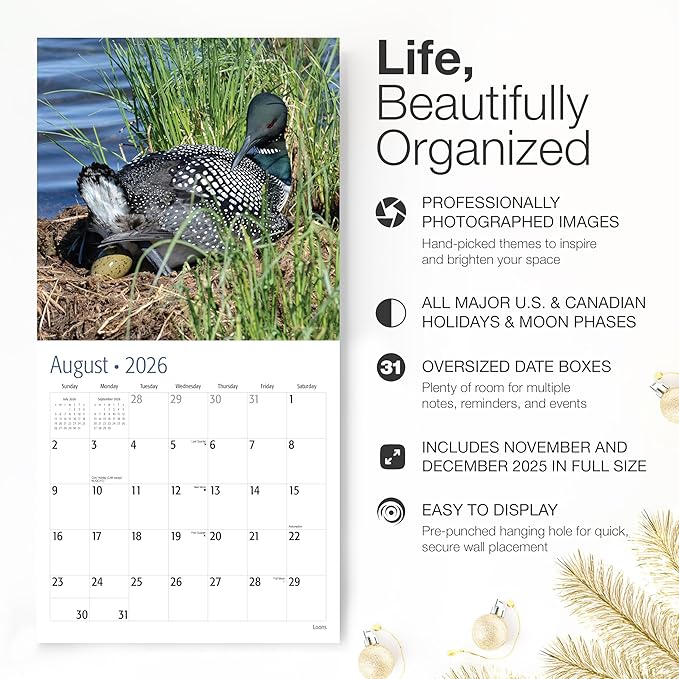 RED EMBER Loons 2026 Wall Calendar 12 Month | 12" x 24" Open | Thick & Sturdy Paper | Giftable | Bird Calendar 2026