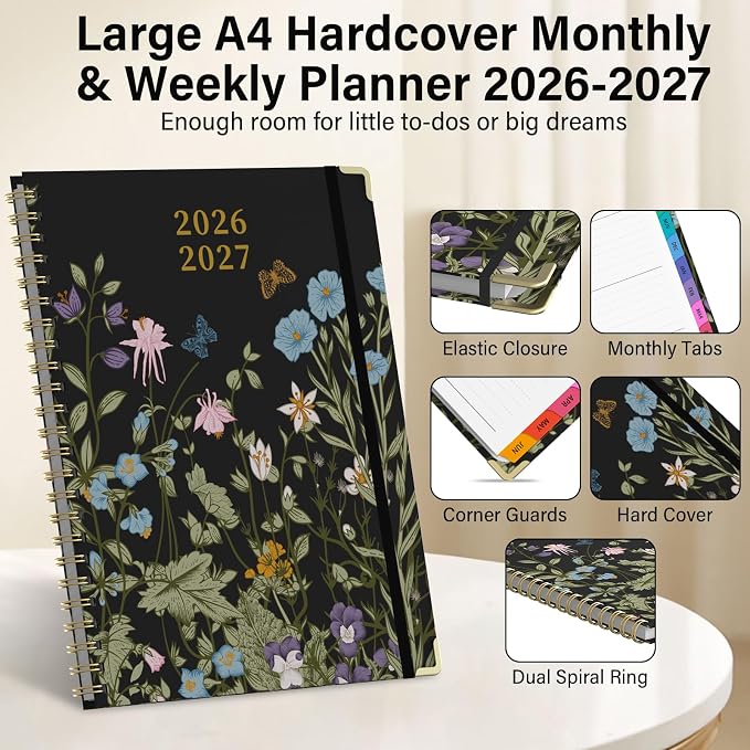 Planner 2026-2027, A4 Hardcover Weekly and Monthly Calendar Planner from July 2026 - June 2027, 8.5" x 11" Daily Agenda with Monthly Tabs, Spiral Bound, Inner Pocket, Cute Journal Organizer Notebook for Office School-Wild Flower