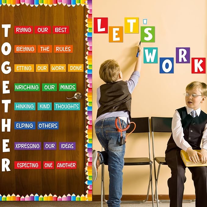 Motivational Bulletin Board Decorations for Classroom Let's Work Together Wall Inspiration Door Decor Colorful Pencil Cutouts for Back to School Elementary Home Wall Door Supplies