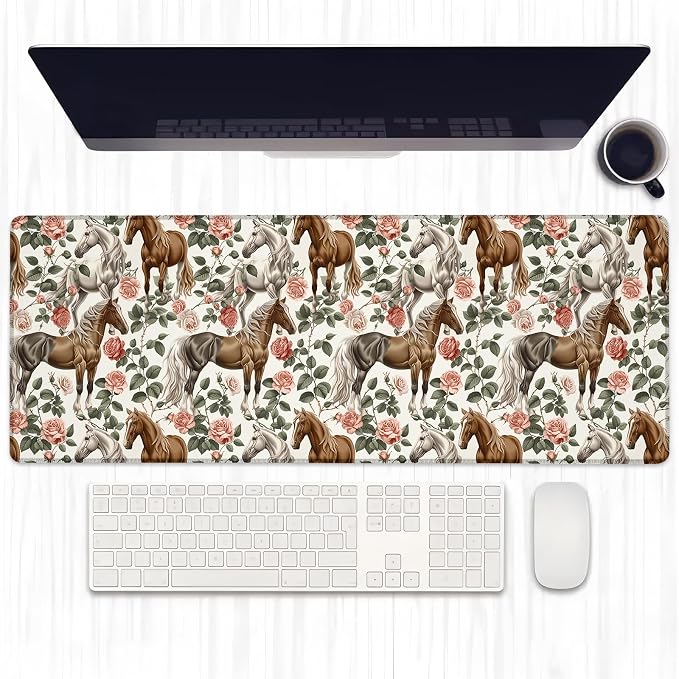 Elegant Horse Gaming Mouse Pad, Extended Graceful Horses and Rose Desk Mat Computer Laptop Mousepad, Robust Stitched Edges, 31.5"×11.8" Large Office Keyboard Mouse Pads for Home Desktop Decor