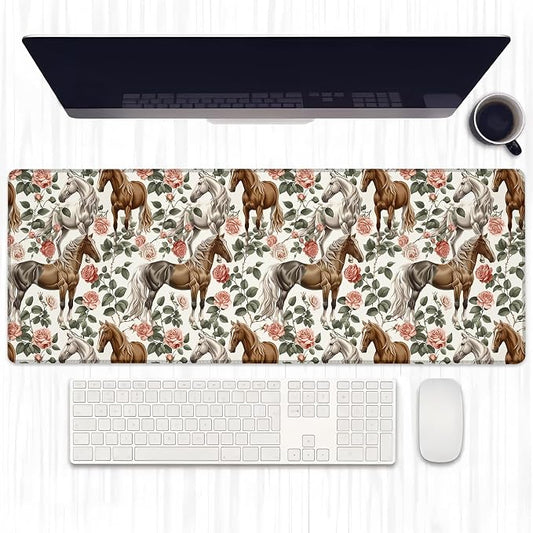Elegant Horse Gaming Mouse Pad, Extended Graceful Horses and Rose Desk Mat Computer Laptop Mousepad, Robust Stitched Edges, 31.5"×11.8" Large Office Keyboard Mouse Pads for Home Desktop Decor