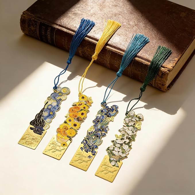 4 Pieces Elegant Metal Bookmarks with Tassel, Hollow Out Art Design Bookmarks with Tassels for Books and Journals (4 Pieces)