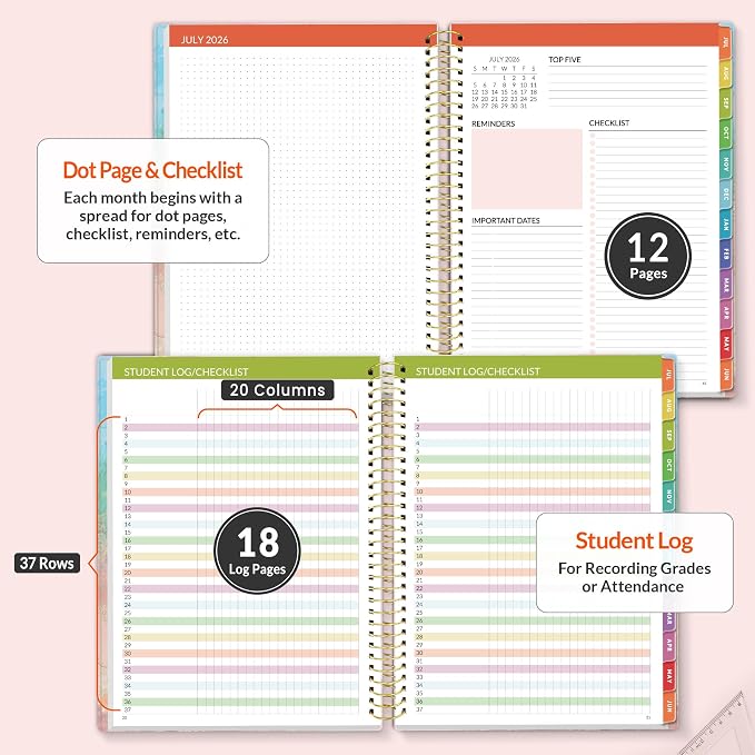 SUNEE Deluxe Teacher Planner 2026-2027, Lesson Planner Book with 7 Periods Jul 2026 - Jun 2027, 8.5" x 11" Weekly and Monthly Organizers with Colorful Tabs, Planning Stickers,120gms Paper, Pink Marble