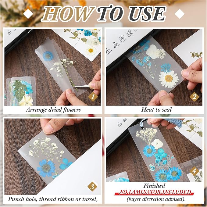 Fuyoooo 376 Pcs Dried Flower Bookmark Making Kit, DIY Bookmark Laminating Pouches with Tassels and Puncher, Handmade Craft Kit for Women, DIY Gifts for Book Lovers (Blue,2 x 6 Inch)