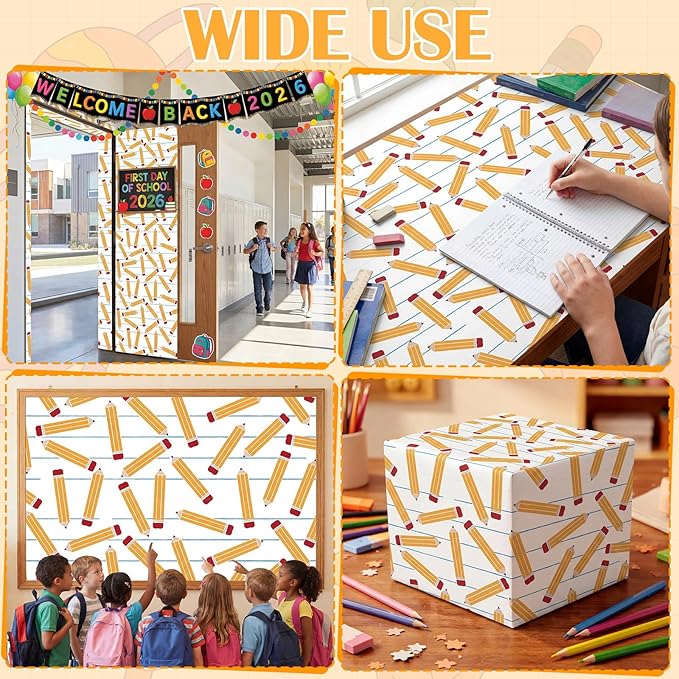 Ctosree 2 Roll Lined Pencils Bulletin Board Paper 4x12ft/1.2x3.6m Non Woven Bulletin Background Wallpaper Fade Resistant Board Roll Decoration for Arts Crafts Office School Classroom(White Yellow)