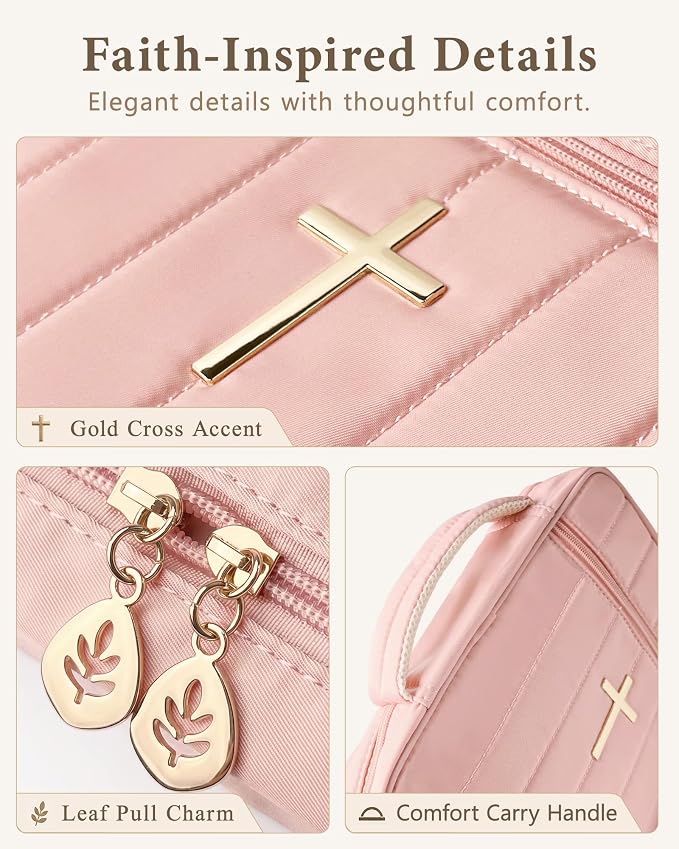 Wuflyover Bible Bag for Women, Quilted Bible Cover Case with Handle, Bible Carrying Case for Church and Bible Study, (Pink)