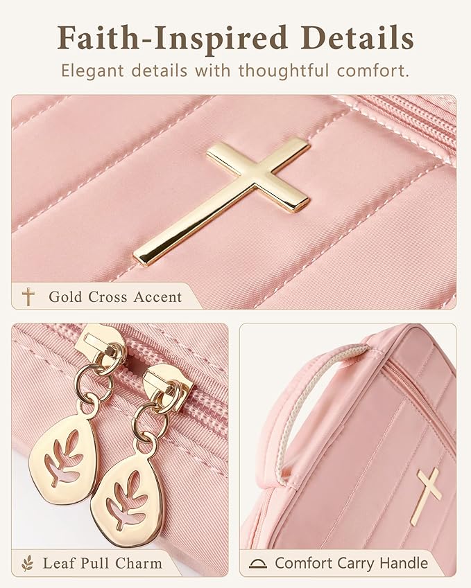 Wuflyover Bible Bag for Women with Study Set, Quilted Bible Cover Case with Handle, Bible Carrying Case for Church, Tabs, Notes, Pens and Highlighters, (Pink+Study Accessories)
