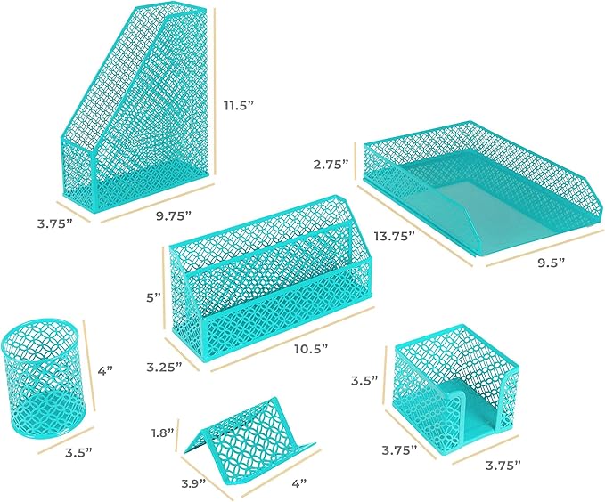 BLU MONACO | Dark Teal Desk Organizer Set 6 Piece | Mail Sorter Organizer Countertop with Standing File Organizer | Mesh Pen Holders Desktop Office Set
