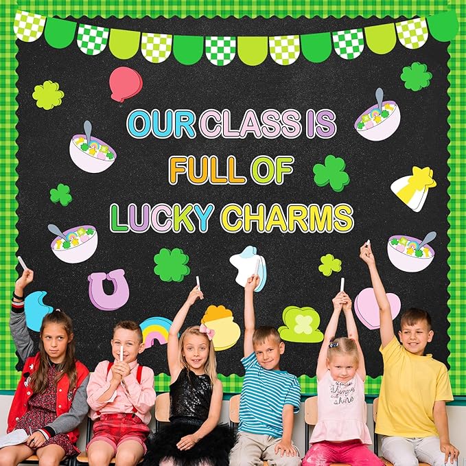 Whaline 87 Pcs St. Patrick's Day Bulletin Board Decoration Lucky Charm Funny Cartoon Shamrock Clover Paper Cutouts with 200 Pcs Glue Points for Irish Party Classroom Wall Decor