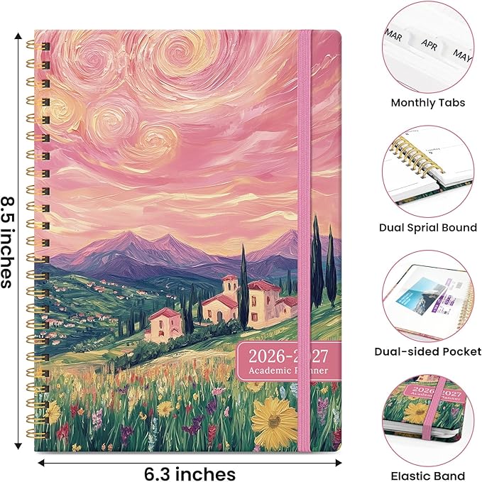 Planner 2026-2027, Monthly and Weekly Academic Planner July 2026 - June 2027, Hardcover Student Teacher Planning Agenda Calendar Book with Tabs, Perfect for Office School Supplies, A5 (6.3" x 8.5") - Whirling Skies