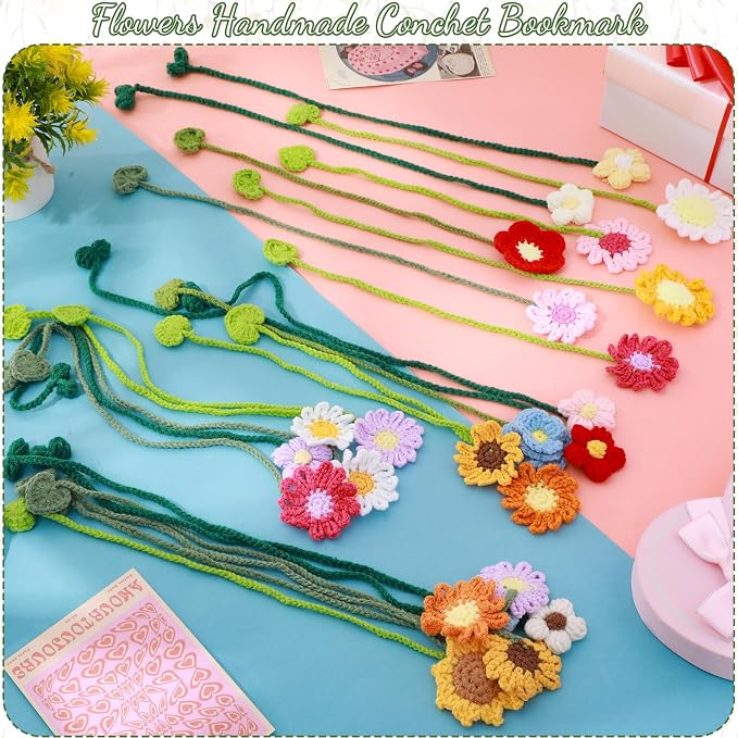 AmazingSpark 24 Pcs Flower Crochet Bookmarks Women Personalized Crochet Handmade Knitted Bookmark Flowers Bulk for Book Lovers and Teachers