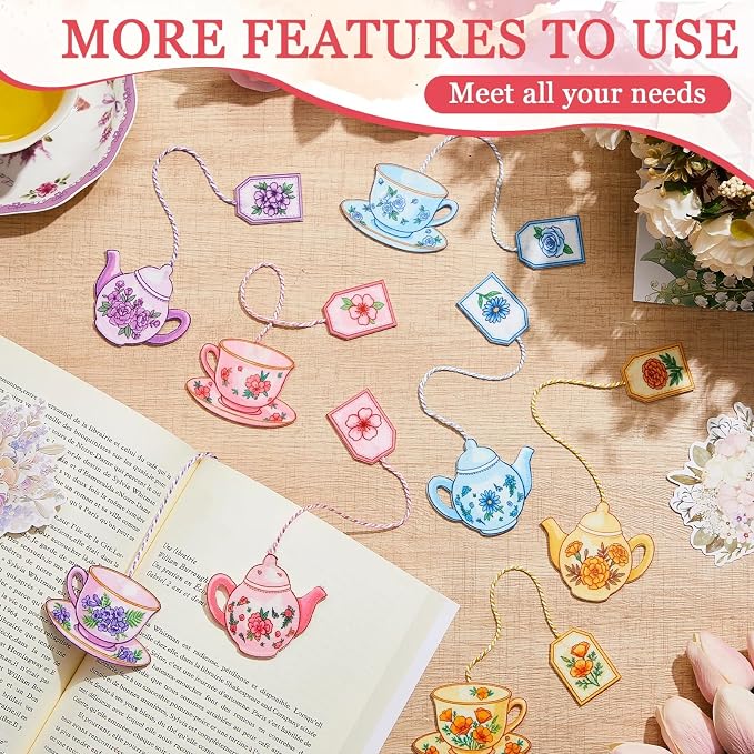 Resurhang 8 Pcs Pastels Teacup Teapot Bookmarks with Floral Design Cute Tea Bag Felt Bookmarks Gift Bulk for Mother, Tea Party Favors, Teacher, Book Lovers, Unique Gift for Women, Bookworms