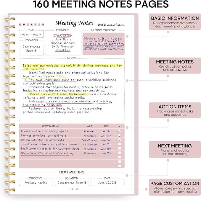 30 Pack of Meeting Notebook for Work Organization - Work Planner Notebook with Action Items, Agenda Planner for Note Taking, 160 Pages (6.9" X 9.9") Project Organizer for Men & Women - Multi