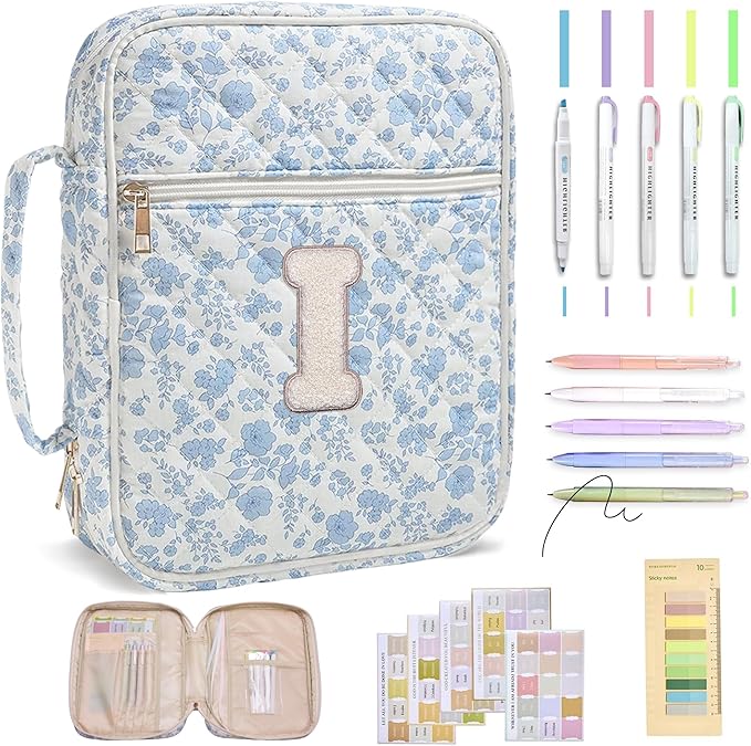 Personalized Initial Bible Cover Case for Women – Large Quilted Bible Bag with Handle, Chenille Letter, Bible Study Kit, Christian Gift for Mom, Grandma & Daughter (Blue Floral-I)