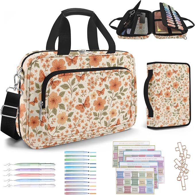 Butterfly Bible Cover Case for Women, Bible Bag for Women Organizer with Handle Zipper Pocket, Bible Study Supplies Journaling Kit, Pens Highlighters Cross Clips Tabs Christian Gift