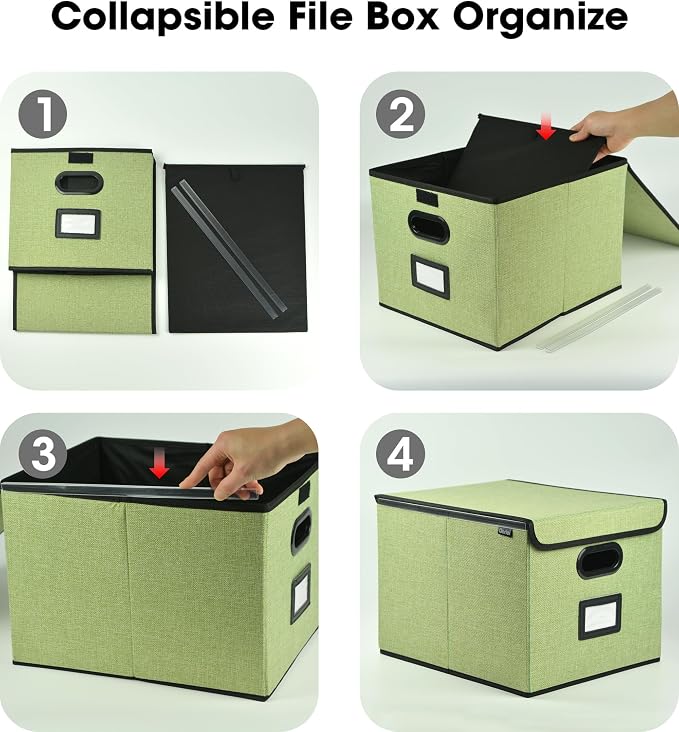 Qerlei File Organizer Boxes with Lids,Collapsible File Folder Organizer with Plastic Slide,Collapsible Filing & Storage Boxes for Office/Decor/Home (Green, 1 Pack)
