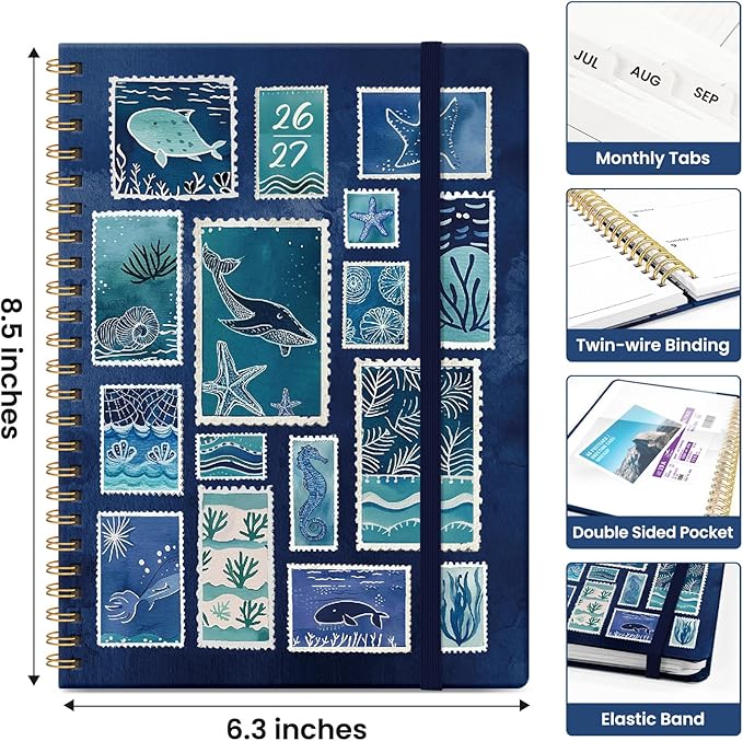 Planner 2026-2027, Academic Year Weekly and Monthly Calender Planner, from Jul 2026 - Jun 2027, Spiral Bound School Planning Book, Perfect for Teacher, Student, Women & Men, A5 (6.3" x 8.5"), Ocean Postmarks