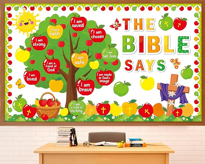 gisgfim Apple Tree Christian Bulletin Board Decorations Set Fall Religious Inspirational Paper Cutouts Jesus Bible Bulletin Board Decor for Sunday School Classroom Chalkboard Wall