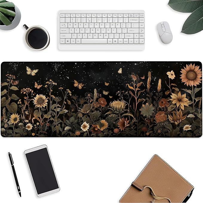 Sunflower Mouse Pad，Vintage Plants Gaming Keyboard Mat，Laptop Computer Protector with Non-Slip Rubber Base，Large Extended MousePads Gifts for Desk Office Home，Deskmat Decor 31.5" x 11.8"