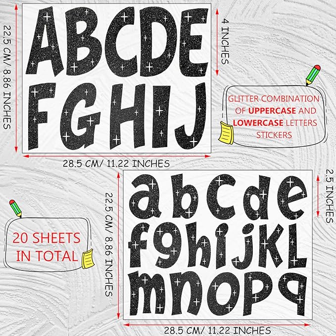 260 PCS Bulletin Board Letters 4 Inch Glitter Large Sticker Letters for Bulletin Board Self-Adhesive Alphabet Poster Board Letter for Classroom Home School Decor(Black)