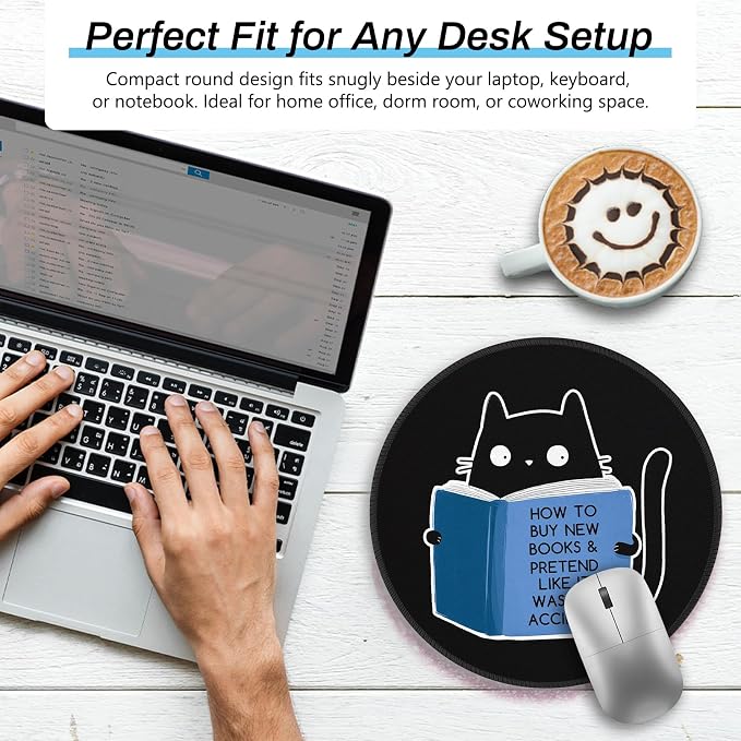 Gctriki Cute Cat Reading Mouse Pad, 8.6" Round Funny Mousepad with Stitched Edge & Non-Slip Base, Comfortable Mouse Pads for Computer Laptop, Unique Office Decor & Home Desk Accessories Book Lovers