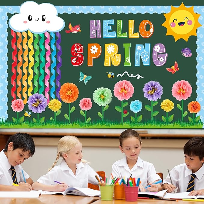 Spring Classroom Bulletin Board Decorations 3D Hello Spring Cutouts Floral Bulletin Board Set Flower Paper Pom Poms Craft for School Classroom Office Chalkboard Wall Door Decor Supplies