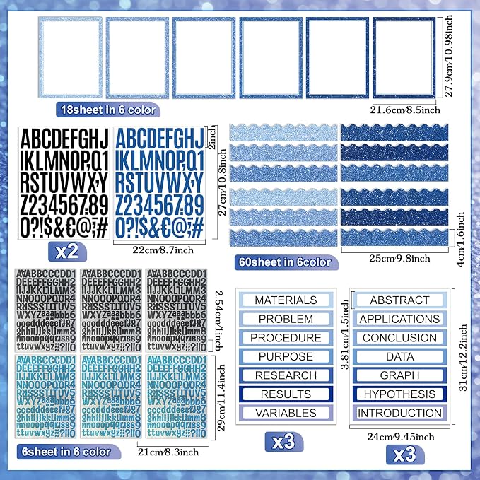Sinload 92 Pcs Science Fair Board Supplies 60 Trim Scalloped Poster Boards 18 Presentation Subtitles 6 Project Titles 8 Letter Sticker for Classroom Display Boards(Glitter Blue,Wave)