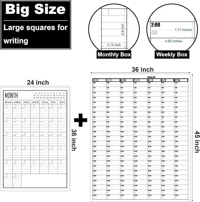36x45 Inch Large Dry Erase Weekly Wall Calendar 24 Hour Time Slots And 24x36 Inch Big Monthly White Board Planner Combo For Work,Home Office,Jumbo Weekly Homeschool Calendar 30 Minute Increments