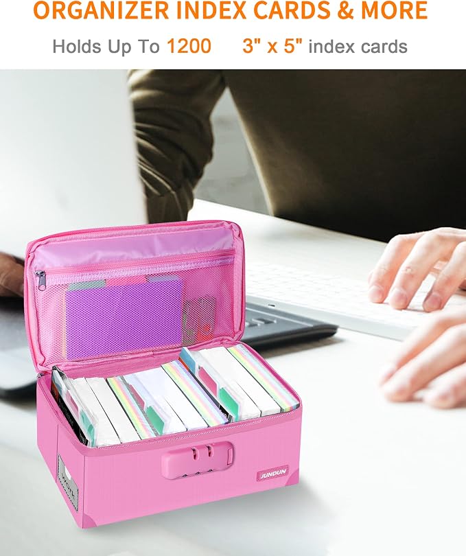 JUNDUN Index Card Holder with Lock,Collapsible Fireproof Index Card Box fits 1200 3x5-Inch Flash Cards - Business, Recipe, or Note Card Storage Boxes - Pink