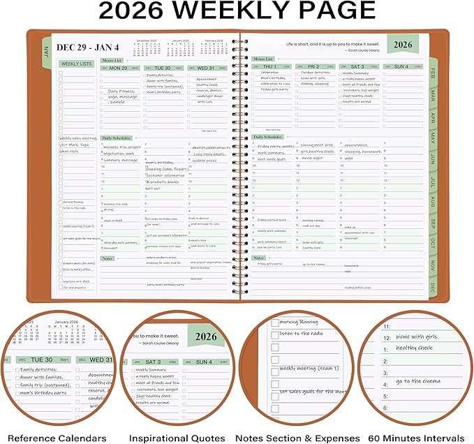 2026 Planner - Planner 2026 Weekly and Monthly, 11.38'' x 8.74'', 2026 Calendar Leather Planner, JAN 2026 - DEC 2026, Daily Hourly Appointment Book, To Do List, Monthly Tabs, Faux Soft Leather, Back Pockets - Brown