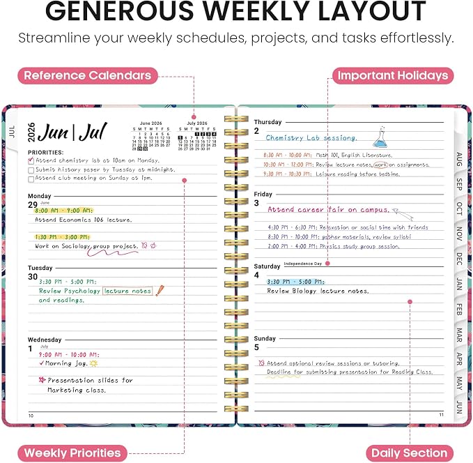 Planner 2026–2027, Academic Year Monthly & Weekly Calendar Book, Jul 2026–Jun 2027, Hardcover Organizer with Tabs, Student & Teacher Planner, 6.3" x 8.5", Garden Picnic