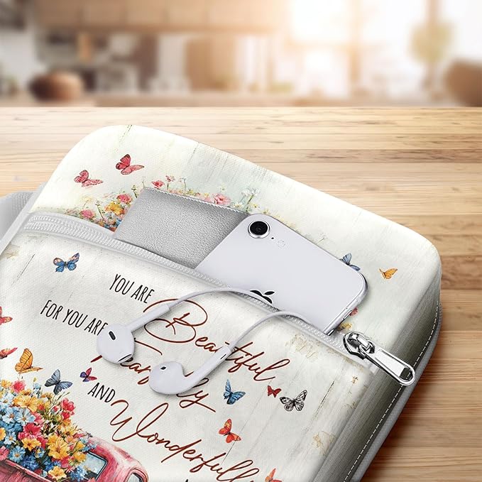 Vintage Red Truck Floral Bible Cover for Women, Scripture Verse Canvas Bible Case with Handle and Zipper Pocket, Fits Standard Size Bible, Christian Gift for Mom, Church Study Bag