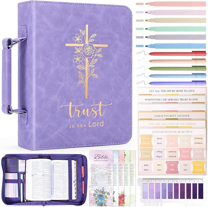 XKDOUS Bible Cover Case for Women, Leather Bible Bags with Handle, Study Supplies Journaling Kit, Gold Foiled Cross Carrying Case Large Church Book Holder Christian Gifts for Lady