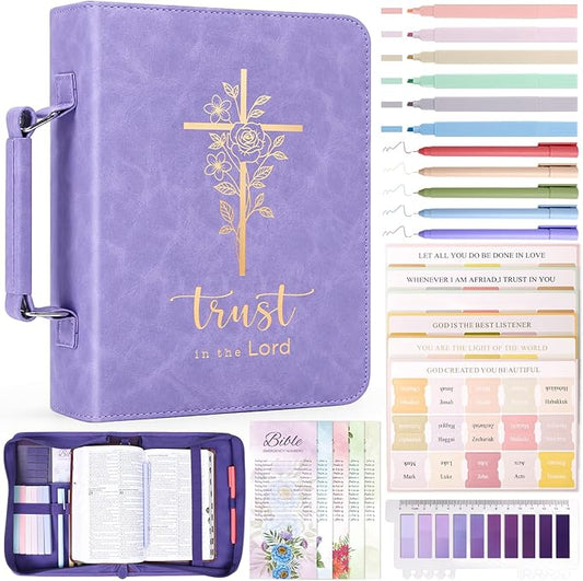 XKDOUS Bible Cover Case for Women, Leather Bible Bags with Handle, Study Supplies Journaling Kit, Gold Foiled Cross Carrying Case Large Church Book Holder Christian Gifts for Lady