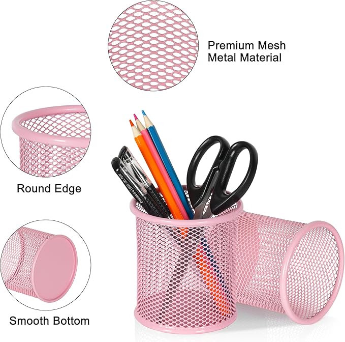 EasyPAG Pencil Holder for Desk, 2 Pack Metal Pen Organizer, Mesh Pencil Cup Organizer for Home, Office, Classroom, School, Pink