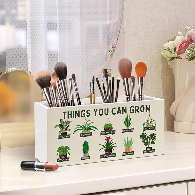 Mental Health Pen Holder, Therapy Office Pen Pencil Holder Organizer for Desk Accessories, Growth Mindset Botanical Wooden Box Desk Decor for School Counselor Therapy Office Desk Decorations