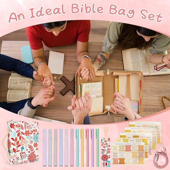 19PCS Idyllic Flower Leather Bible Cover for Women Floral Bible Cover Cases for Teen Girls Christmas Gift Christian Church Carrying Bag Journaling Kit with Shoulder Strap Highlighter Pens Book Marker