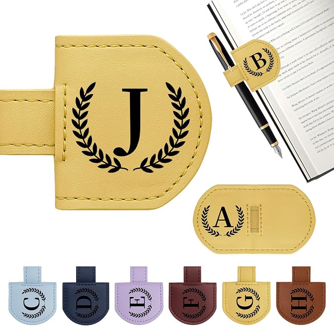 Personalized Magnetic Bookmark Pen Holder, Leather Book Marks for Reading Women& Men, Engraving 26 Letters Name Initial Bookmarks with Pencil Pen Holder, Gift for Book Lovers, Readers (Yellow, J)