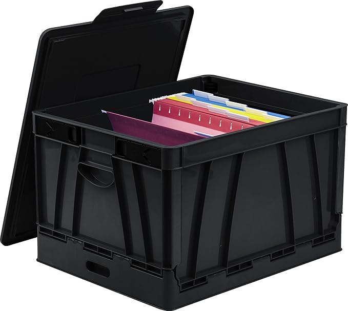 Storex Collapsible Crate with Lid, 17.25 x 14.25 x 10.5 Inches, Black, Case of 4 (STX61809U04C)