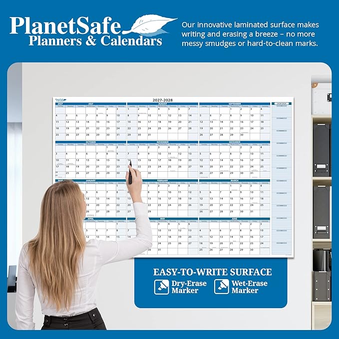 Fiscal/Academic Split Year July 2040 to June 2041 Vertical 12 Month Wall Calendar 36" x 24" - Dry & Wet Erasable with Next Year Planner Area. Complete with Fine tip Dry-erase Marker and Eraser