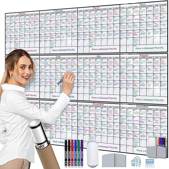 Yearly Dry Erase Calendar for Wall, 45x55, 12 Month Wall Calendar Dry Erase, Full Year White Board for Office, Home & School, Giant Annual Erasable Whiteboard, Jumbo Undated White Board Planner