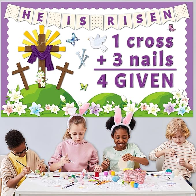 Easter Jesus Cross Bulletin Board Set Lent 1 Cross 3 Nails 4 Given Jesus Resurrection Classroom Decoration Easter Spring Religious Bulletin Board Cutouts for Church Classroom Chalkboard Wall Decor