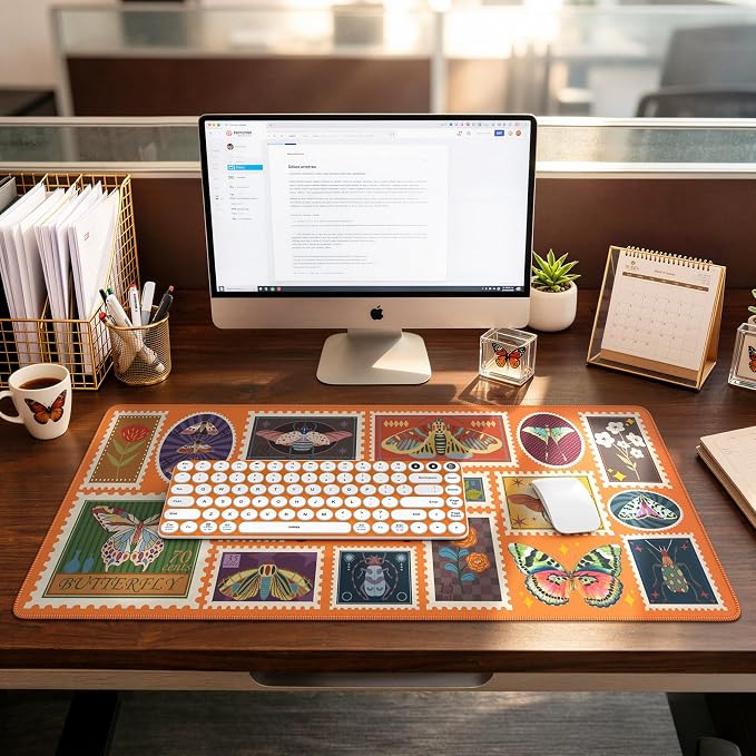 iCasso Insect Mouse Pads for Desk, Cute Computer Mat, XXL Desk Mat for Keyboard and Mouse, Aesthetic Bug Collage Mousepad with Stitched Edges, Keyboard Pad for Computer(Retro Orange)