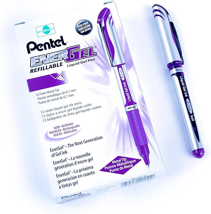 Pentel ENER-GEL Deluxe Liquid Gel Pen, Medium Line, Metal Tip, Violet Ink, Box of 12 (BL57-V)