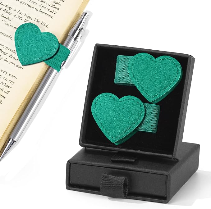 2Pcs Magnetic Leather Heart Bookmarks with Pen Holder, Cute Book Markers Clip with Gift Box, Reading Accessories for Book Lovers Women Teachers Students, Teal
