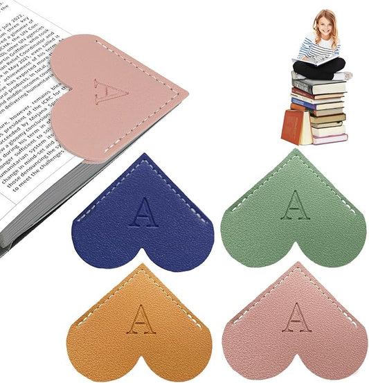 4Pcs Personalized Leather Heart Bookmark With Initial, 26 Letters Custom Corner Page Book Mark For Reading Women, Book Lovers, Teachers, Students, Cute Book Accessories(Blue+Green+Light Brown+Pink, A)