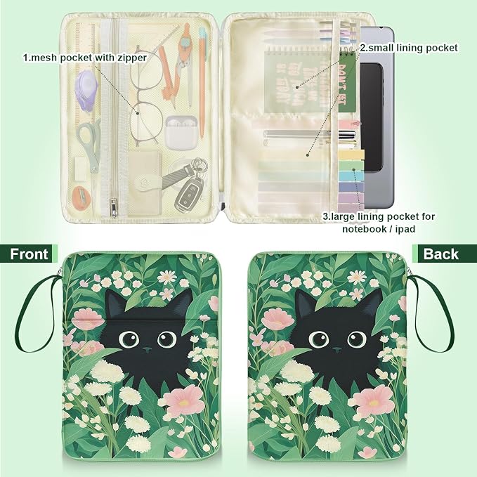 Book Sleeve Book Pouch, Cute Cat Floral Print Book Protector Case with Zipper, PU Leather Waterproof Book Cover Bag, Portable Book Pouch for Book Lovers Gifts Paperbacks Hardcover