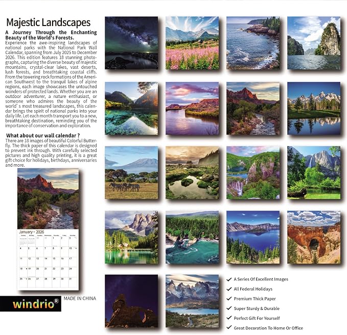 2026 Wall Calendar,Calendar 2026, July 2025 - December 2026, Wall Calendar Majestic Landscapes, 12" x 24" Opened,Full Page Months Thick & Sturdy Paper for Gift Perfect Calendar Organizing Planning