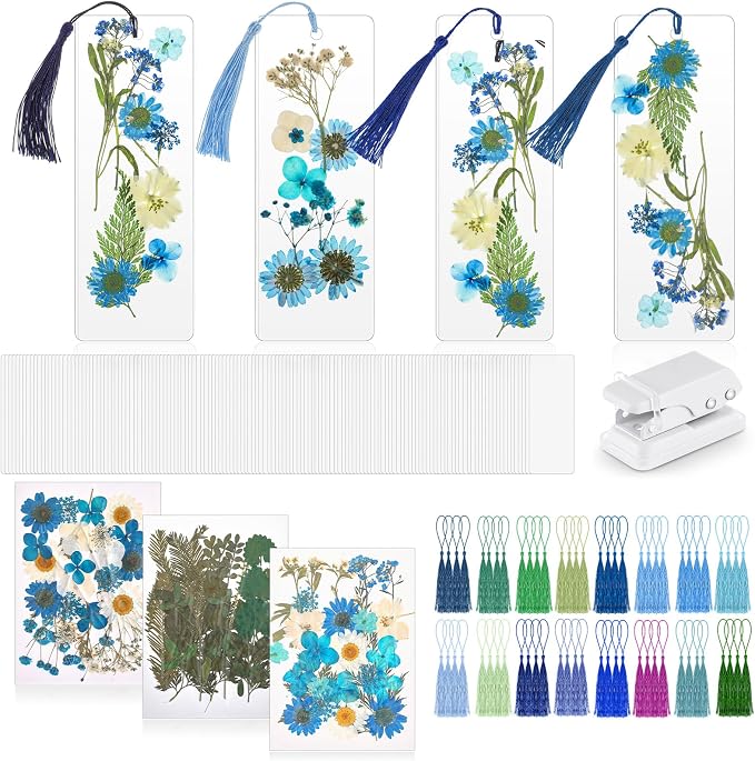 Fuyoooo 376 Pcs Dried Flower Bookmark Making Kit, DIY Bookmark Laminating Pouches with Tassels and Puncher, Handmade Craft Kit for Women, DIY Gifts for Book Lovers (Blue,2 x 6 Inch)