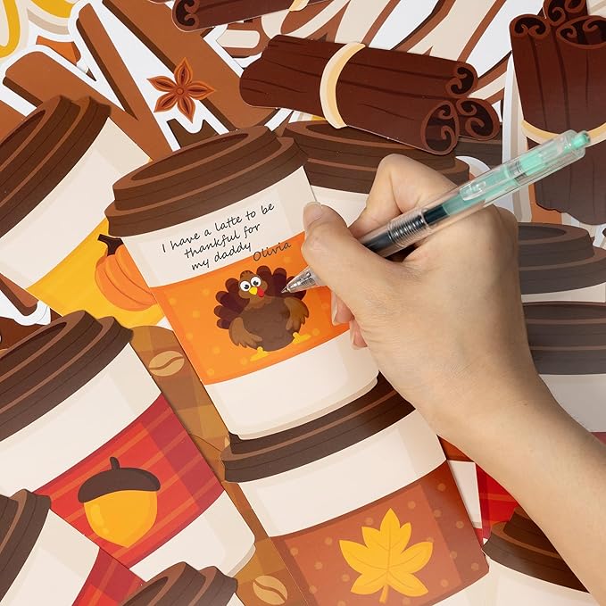 BeYumi Thanksgiving Latte Bulletin Board - 81Pcs We Have A Latte To Be Thankful For Bulletin Board Fall Coffee Cup Cutout with Tissue Paper Pompoms School Classroom Chalkboard Wall Supplies Decoration